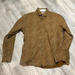 Consequence Mens Large Paisley Print Button Down Shirt Long‎ Sleeve Brown Gold
